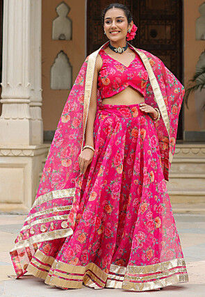 Printed Pure Organza Lehenga in Fuchsia