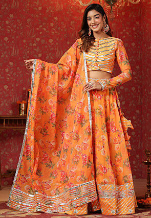 Printed Pure Organza Lehenga in Light Orange