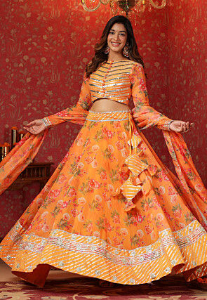 Printed Pure Organza Lehenga in Light Orange