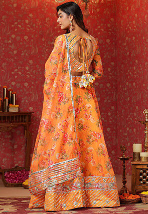 Printed Pure Organza Lehenga in Light Orange