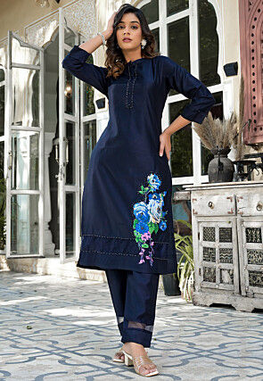Printed Pure Silk Pakistani Suit in Navy Blue