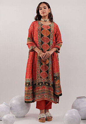 Printed Pure Silk Pakistani Suit in Red