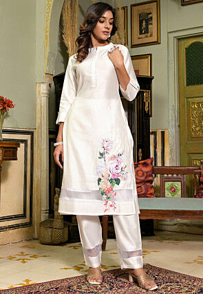 Printed Pure Silk Pakistani Suit in White