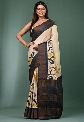 Printed Pure Tussar Silk Saree in Light Beige