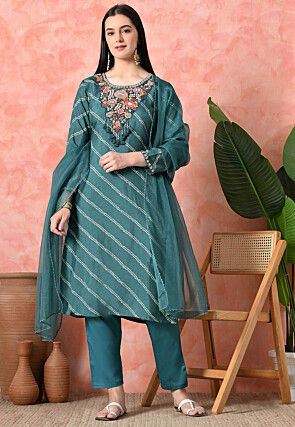 Embroidered Pure Viscose Silk Pakistani Suit in Green
