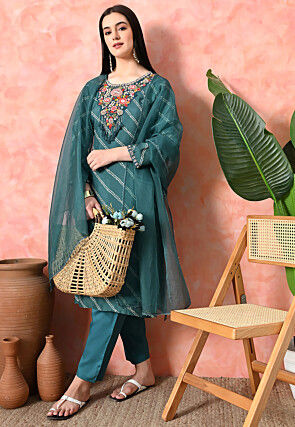 Embroidered Pure Viscose Silk Pakistani Suit in Green