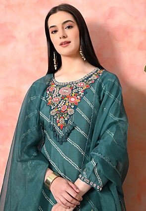 Embroidered Pure Viscose Silk Pakistani Suit in Green