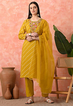 Embroidered Pure Viscose Silk Pakistani Suit in Mustard