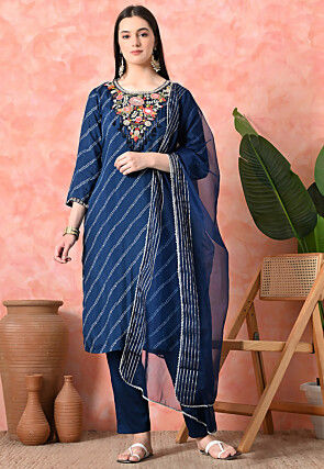 Embroidered Pure Viscose Silk Pakistani Suit in Navy Blue