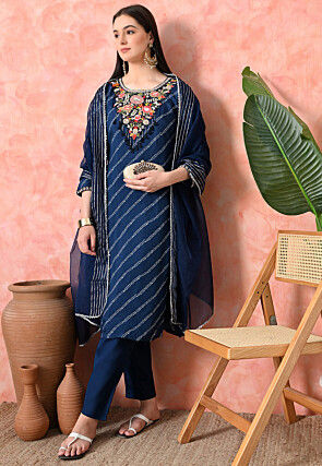 Embroidered Pure Viscose Silk Pakistani Suit in Navy Blue