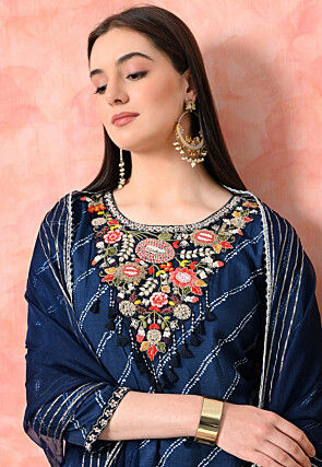 Embroidered Pure Viscose Silk Pakistani Suit in Navy Blue