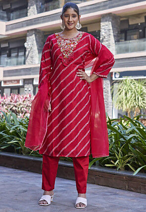 Embroidered Pure Viscose Silk Pakistani Suit in Red