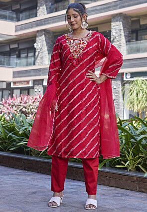 Embroidered Pure Viscose Silk Pakistani Suit in Red