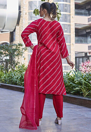 Embroidered Pure Viscose Silk Pakistani Suit in Red