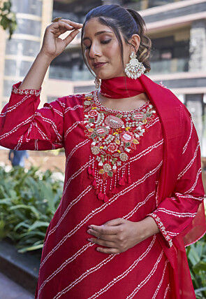 Embroidered Pure Viscose Silk Pakistani Suit in Red