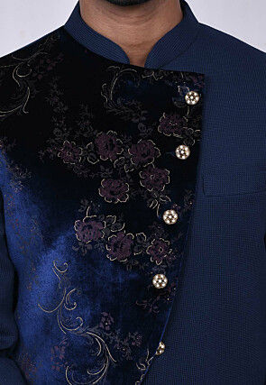 Printed Quilted Scuba Sherwani in Navy Blue
