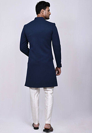 Printed Quilted Scuba Sherwani in Navy Blue