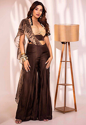 Printed Raw Silk Co Ord Set in Beige and Dark Brown