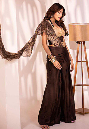 Printed Raw Silk Co Ord Set in Beige and Dark Brown