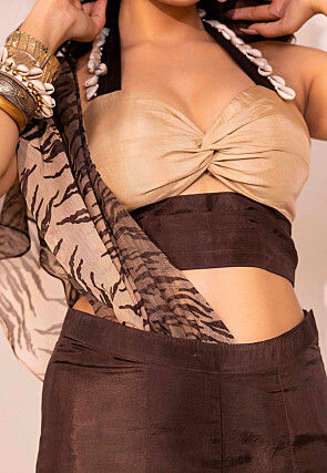 Printed Raw Silk Co Ord Set in Beige and Dark Brown