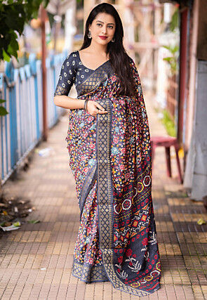 Printed Raw Silk Saree in Dark Grey