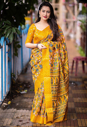 Printed Raw Silk Saree in Mustard