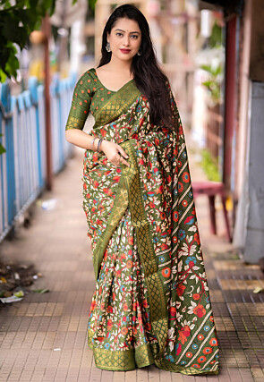 Printed Raw Silk Saree in Olive Green