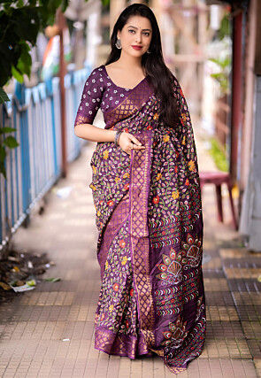 Printed Raw Silk Saree in Violet