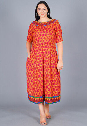 Printed Rayon A Line Kurta in Orange and Magenta