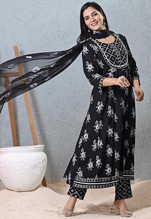 Printed Rayon A Line Suit in Black