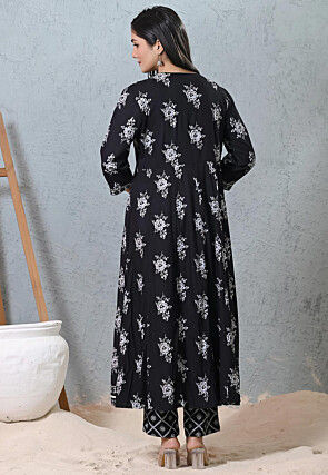 Printed Rayon A Line Suit in Black