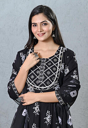 Printed Rayon A Line Suit in Black