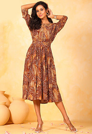 Printed Rayon Aline Dress in Brown and Mustard