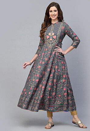 Printed Rayon Aline Kurta in Grey