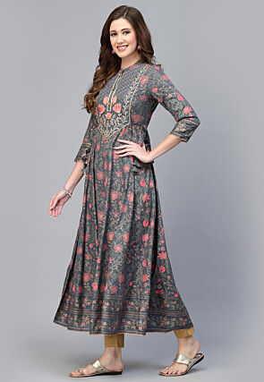 Printed Rayon Aline Kurta in Grey