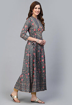 Printed Rayon Aline Kurta in Grey