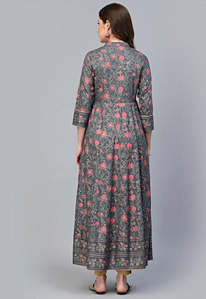 Printed Rayon Aline Kurta in Grey