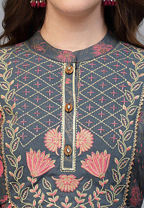 Printed Rayon Aline Kurta in Grey