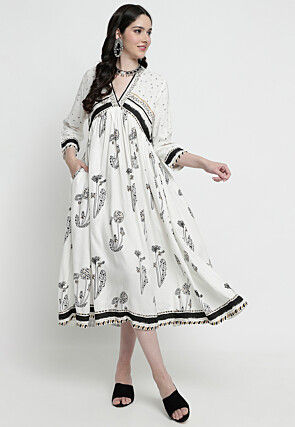 Printed Rayon Aline Kurta in Off White