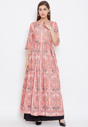 Printed Rayon Anarkali Kurta in Peach