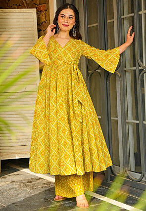 Printed Rayon Anarkali Kurta Set in Olive Green