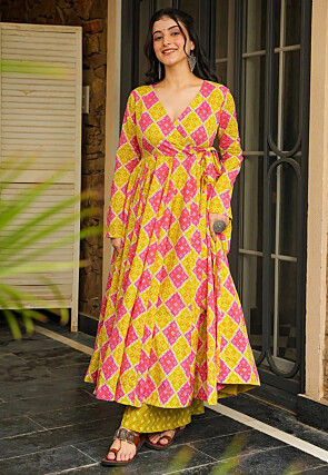 Printed Rayon Anarkali Kurta Set in Yellow