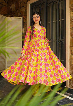 Printed Rayon Anarkali Kurta Set in Yellow