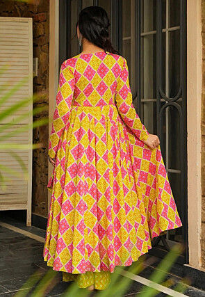 Printed Rayon Anarkali Kurta Set in Yellow