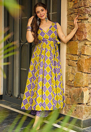 Printed Rayon Anarkali Kurta Set in Yellow and Purple