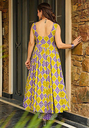 Printed Rayon Anarkali Kurta Set in Yellow and Purple