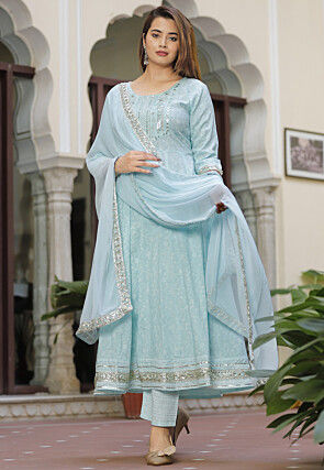 Printed Rayon Anarkali Suit in Sky Blue