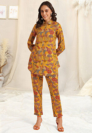 Printed Rayon Co Ord Set in Mustard