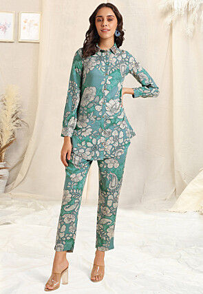 Printed Rayon Co Ord Set in Teal Blue