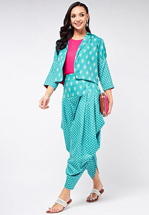 Printed Rayon Co Ord Set with Jacket in Fuchsia